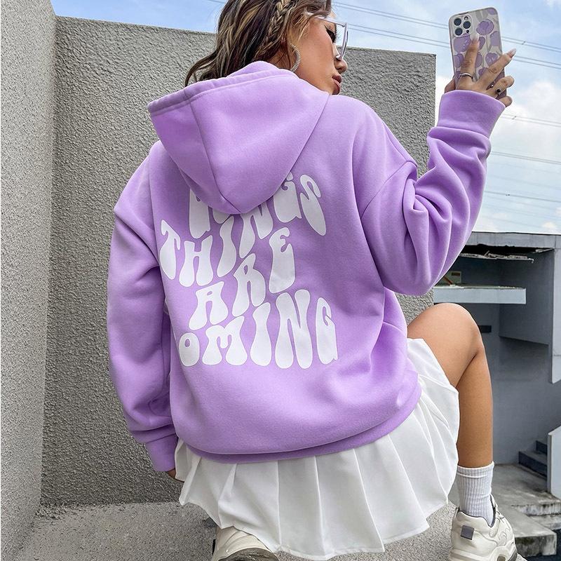 GOOD THINGS ARE COMING Women's Velvet Hoodie Solid Color Letter Printed Kangaroo Pocket Drawstring Printed Hoodie