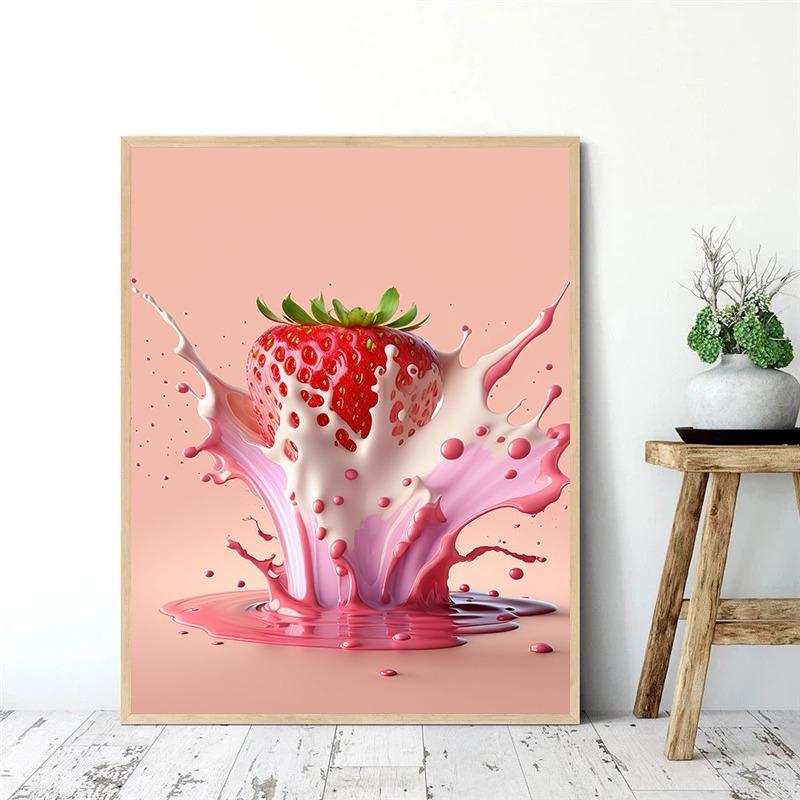 Strawberry Fruit Poster Abstract Red Strawberries Juice Canvas Painting Wall Art for Kitchen Orchard Living Room Home Decor