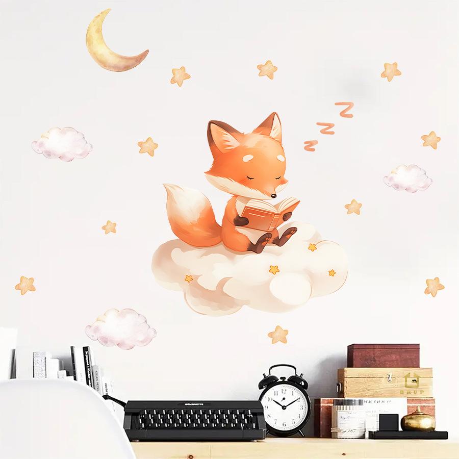 Little Fox Telling Bedtime Story Under Stars and Moon Wall Stickers, Self-Adhesive Fairy Tale Decor for Kids Room Nursery Decoration