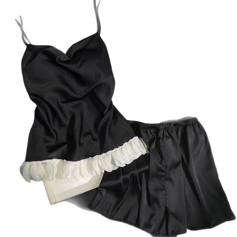 Women's Summer Ice Silk Sling Pajama Set with Chest Pad - Sexy Petal Vest & Shorts