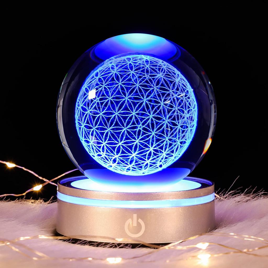 3D Luxury Flower of Life Crystal Ball with LED Colorful Lighting and Touch Chakra Purification Healing Flower Globe for Spiritual Flower Exploring