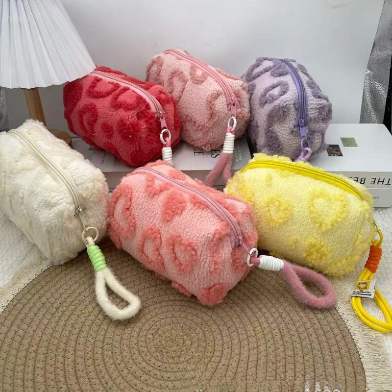 Plush Makeup Bags with Handle Soft Travel Cosmetic Storage Bag Portable Love Print Organizer Pencil Case Cute Clutch Pouch