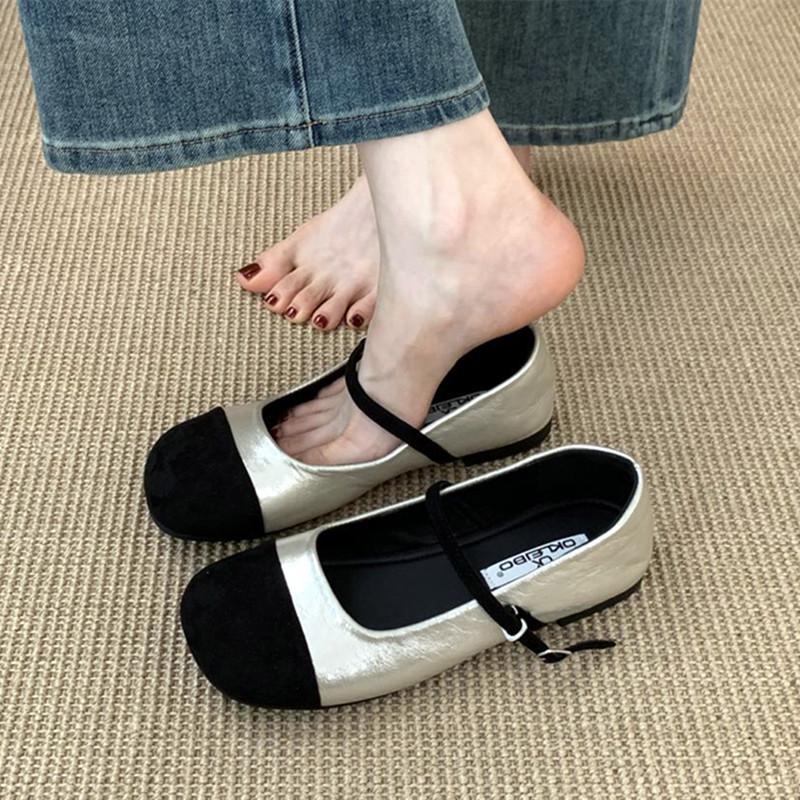 Fashion Cute Mixed Color Satin Velvet Ballet Flats Women Fashion Round Toe Narrow Buckle Mary Jane Shoes for Women Comfort Casual Shoes