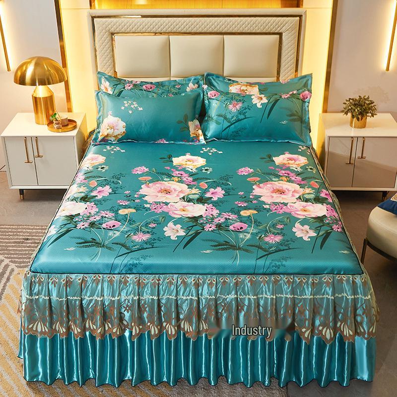 Ice Silk Bed Skirt 3-Piece Set: Machine Washable, Soft, Double Bed, Summer