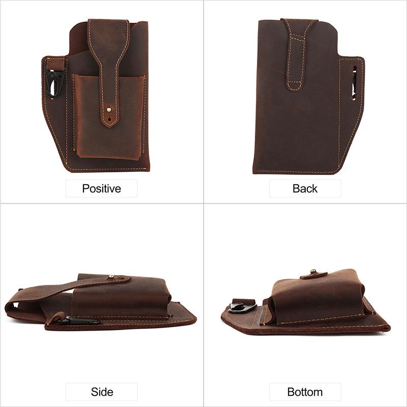 Men's Vintage Genuine Leather Phone Bag - Vertical Style, Durable Crazy Horse Leather, Belt Waist Bag for Work Use