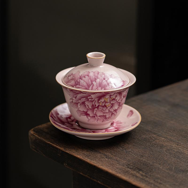 Pink Ru Kiln Peony Sancai Gaiwan Kung Fu Tea Set Tea Bowl Household Ceramic Chinese Tea Bowl