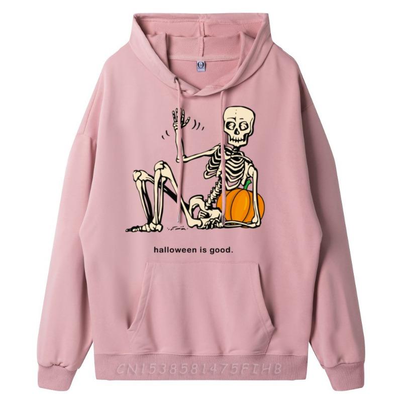 Halloween Is Good and Life Pumpkin Skeleton Halloween Cute Blank Hoodies Polyester Fiber Men's Oversize Long Sleeve Alphabet
