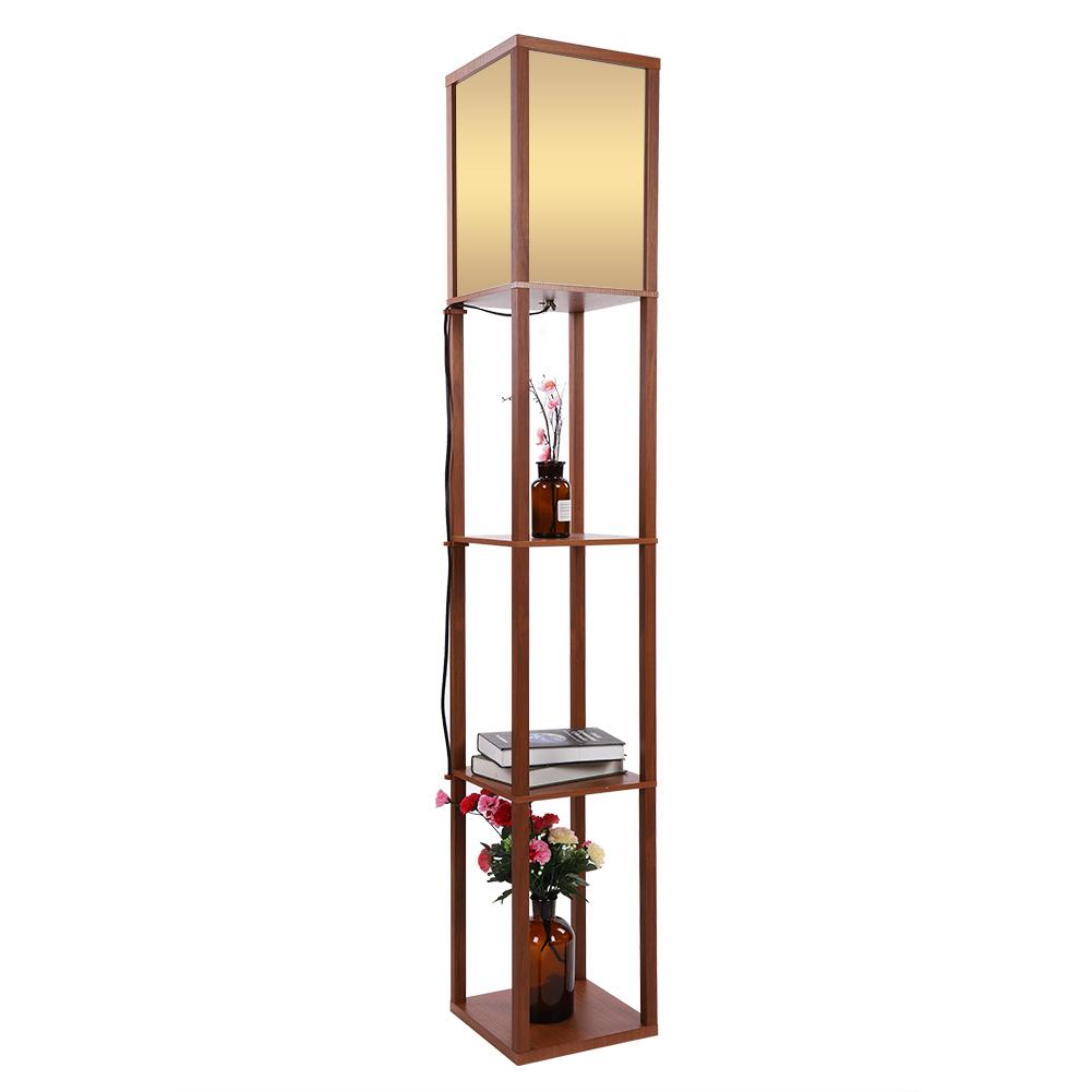 Modern Oak Wooden Fabric Floor Lamp with Built In Shelving Units for Lounges Hallway   Brown