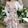 New Coffee Break French High-end Chiffon Long Dress Oil Painting Floral Suspender Dress Two-piece Set Female Summer