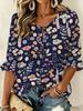 Women Round Neck Tie 3/4 Ruffle Sleeve Blouse, Mixed Shapes Tiny Floral Print, Versatile Top for Home & Commute