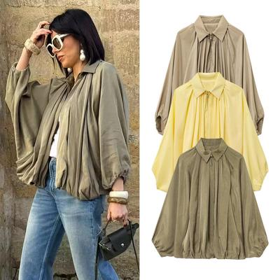 Olivgrünes Locker geschnittenes Plissee-Shirt mit überschnittenen Schultern und Aufkrempelärmeln, Beige- und Gelb-Optionen