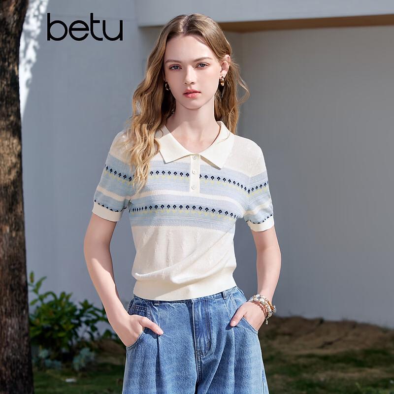 Betu Women's Polo Collar Contrast Jacquard Knit Top