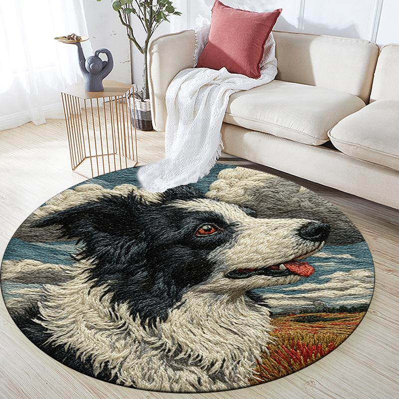 Border Collie Runder Teppich, Teppich für Wohnzimmer Schlafzimmer Sofa Spielzimmer Dekoration, Rutschfeste Bodenmatte