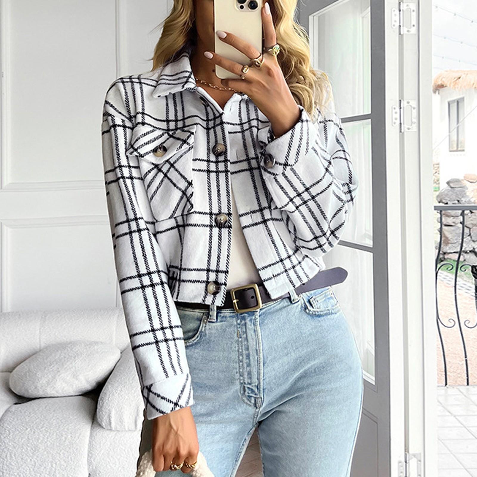 

Женская рубашка с длинным рукавом, клетчатая повседневная твидовая рубашка на пуговицах, топы бойфренда, куртка с рубашкой с карманом M белый