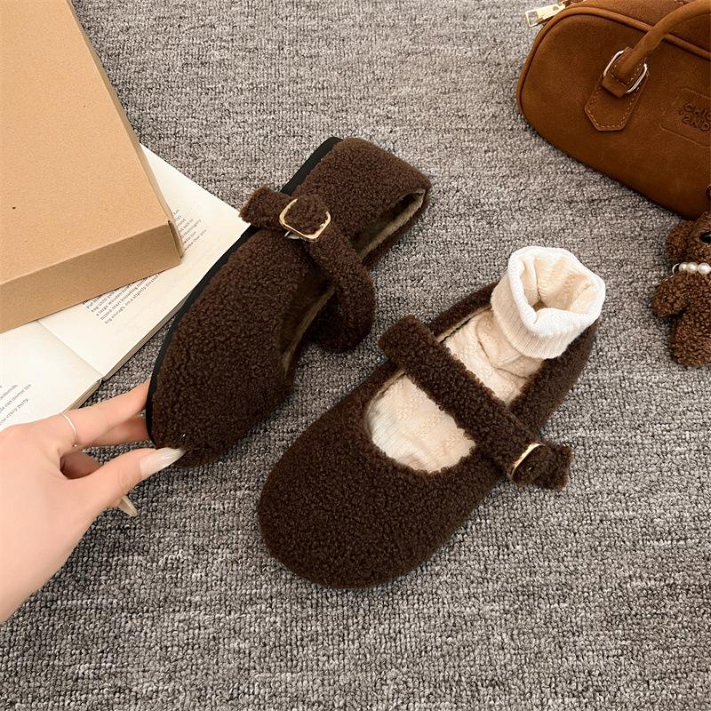 2025 autumn and winter new Mary Jane Mao Mao shoes women's outer wear Korean version of one-word buckle single shoes flat-bottomed velvet thermal cot