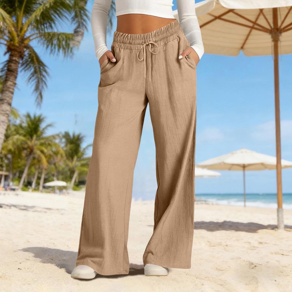 Weite Leinenhosen Damen Sommer Locker Strandhosen Für Damen Urlaub Leichte Gerade Hosen Mit Taschen