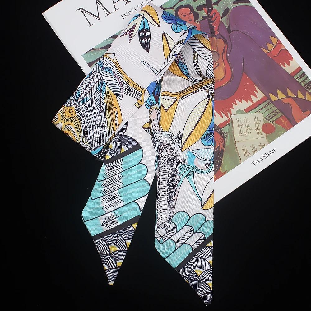 New Fashion All-match Korean Version Mayan Jungle Animals silk scarf Twill Long Strip Small Scarf Tie Bind a bag Ribbon Streamer