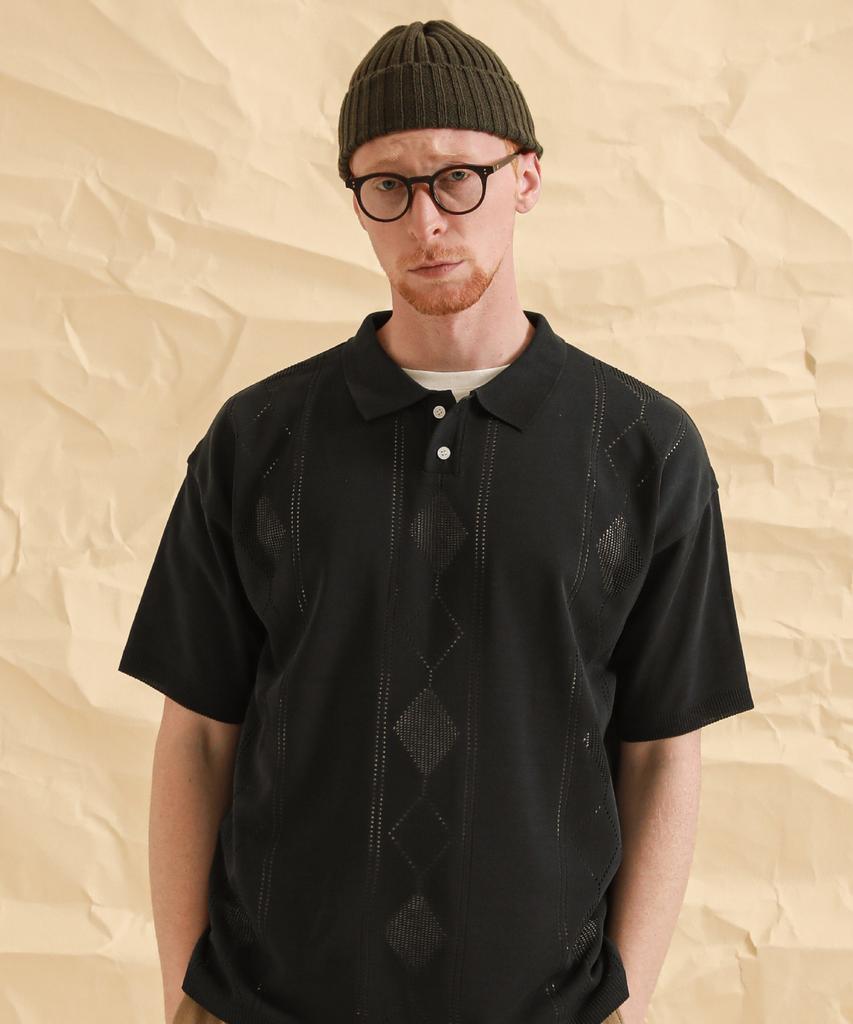 STAGE NAME Summer Diamond Punching Knit Polo Shirt_Black