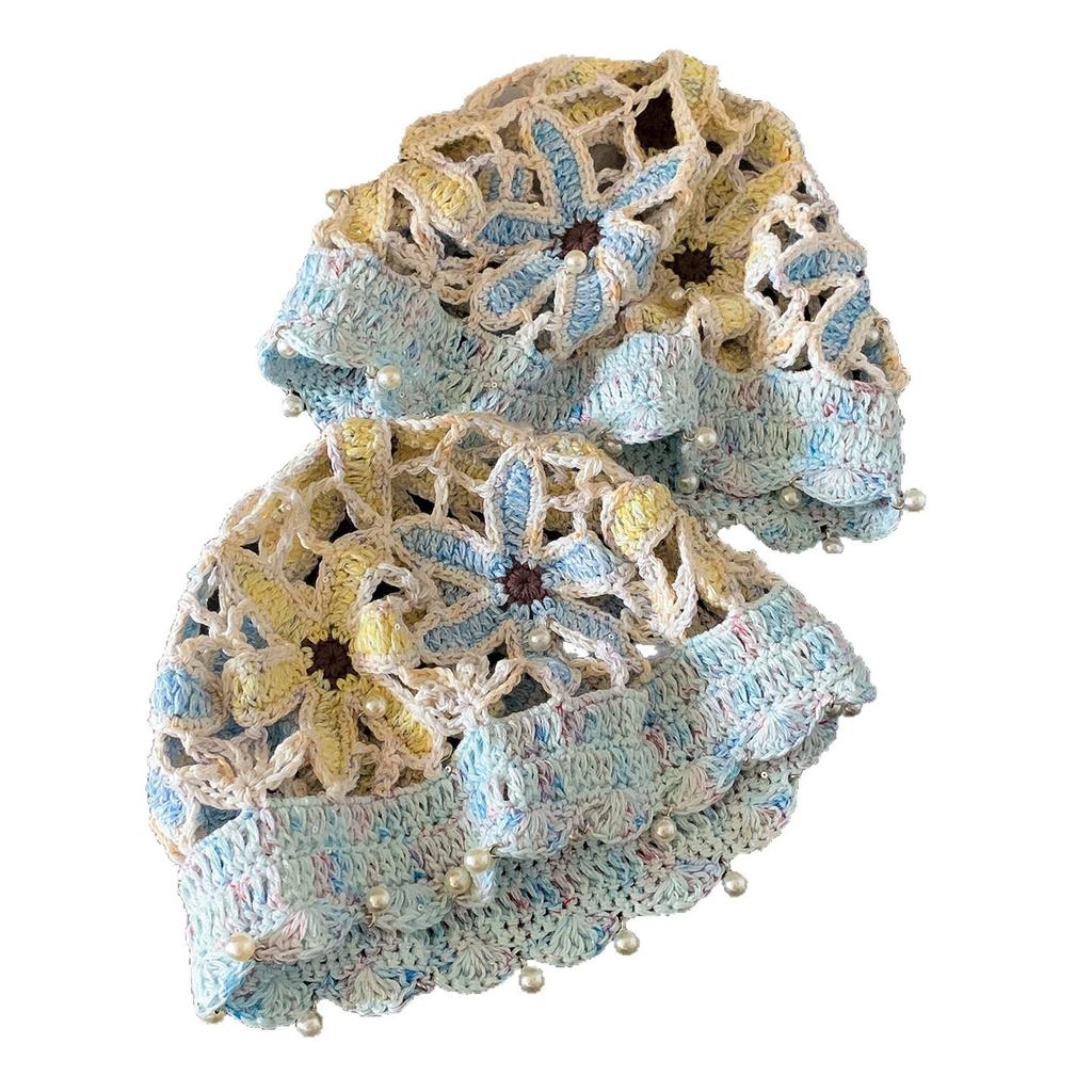 Retro Ethnic Style Pearl Pendant Knitted Hat Women'S Sweet Hollow Flower Pullover Hat Crochet Bag Head Hat