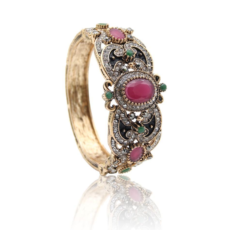 

Exquisite Turkish Red Resin Retro Bangle Vintage Cuff Bracelet for Women Antique Gold Color Boho Wedding Jewelry Spring Opening 54-56mm