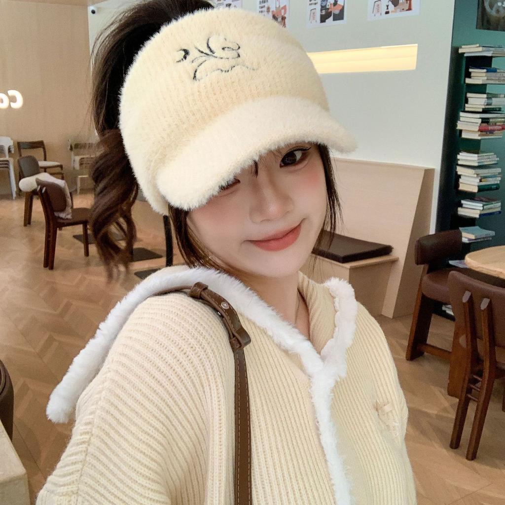 Women's Autumn and Winter Korean Version of Versatile Knitted Rabbit Warm Ear Protection Duck Tongue Baseball Cap Wool Cap Plus Velvet Thickened