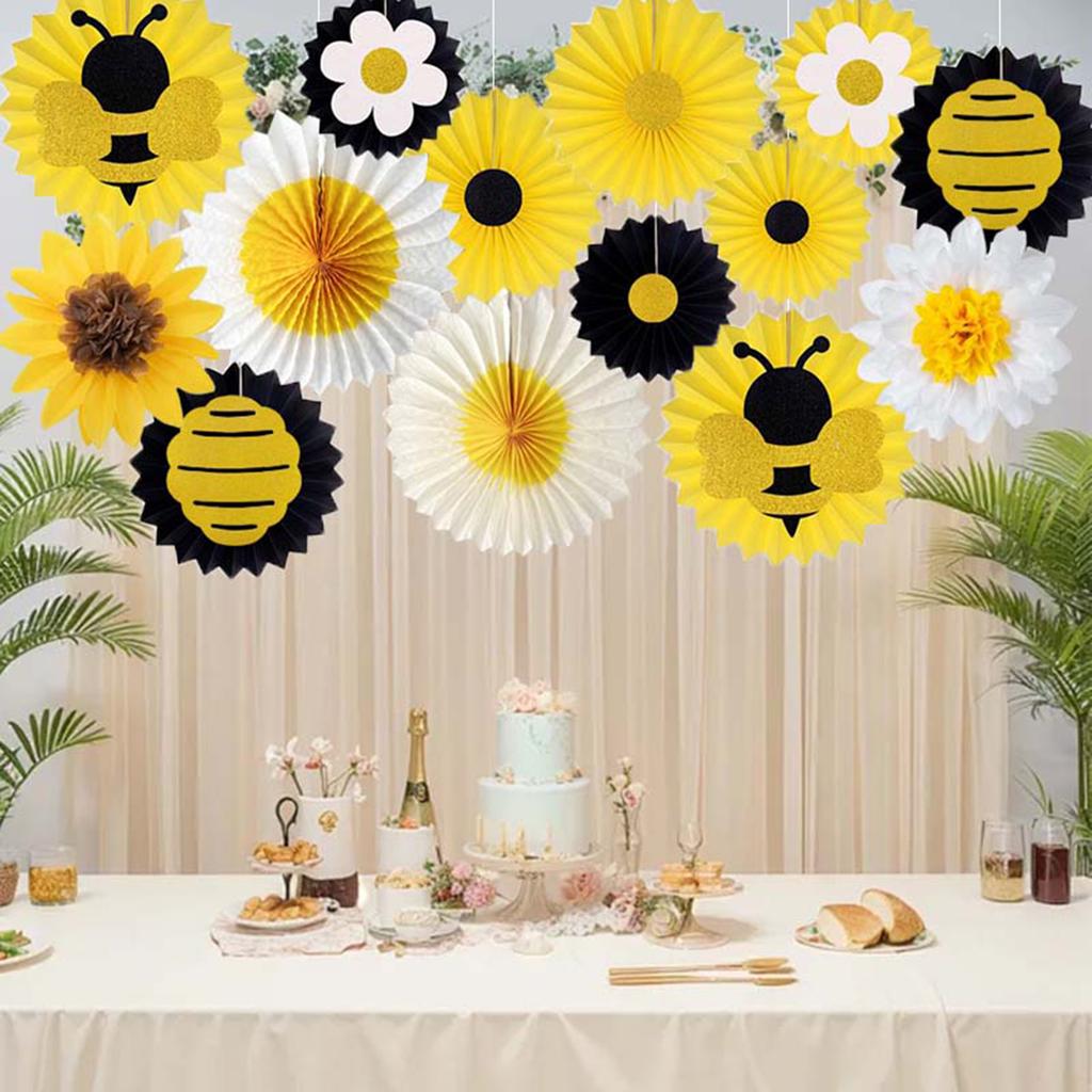 14Pieces Biodegradable Sunflower Bees Paper Fan Decorations Functional Party Backdrops for Indoor Outdoors Use