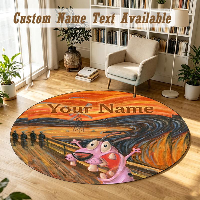 Courage the Cowardly Dog Personalized Round Rug Support Custom Name, Soft Home Decor Mat
