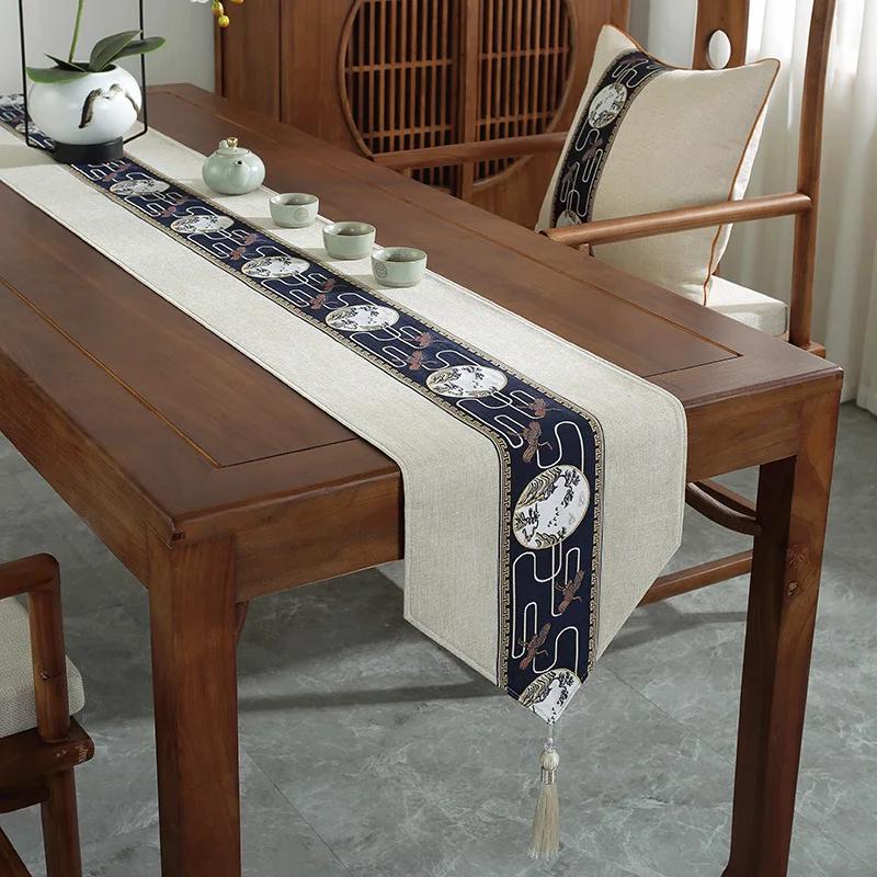 Chinese Style Table Flag Waterproof Oil Resistant Tassel Table Runner Tea House Tea Towels Zen Tea Table Cloth Hotel Bed Flag