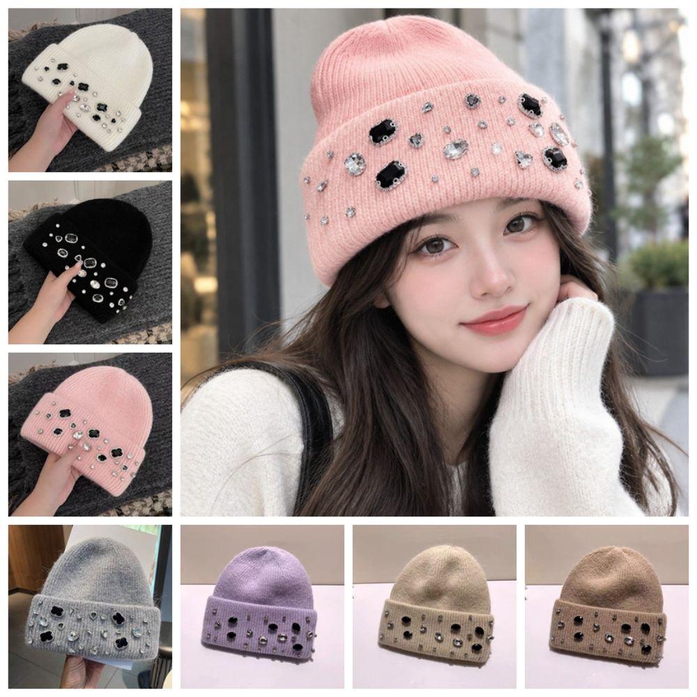 Solid Color Warm Beanie Versatile Windproof Cap Gift Rhinestone Knitted Hat  Travel