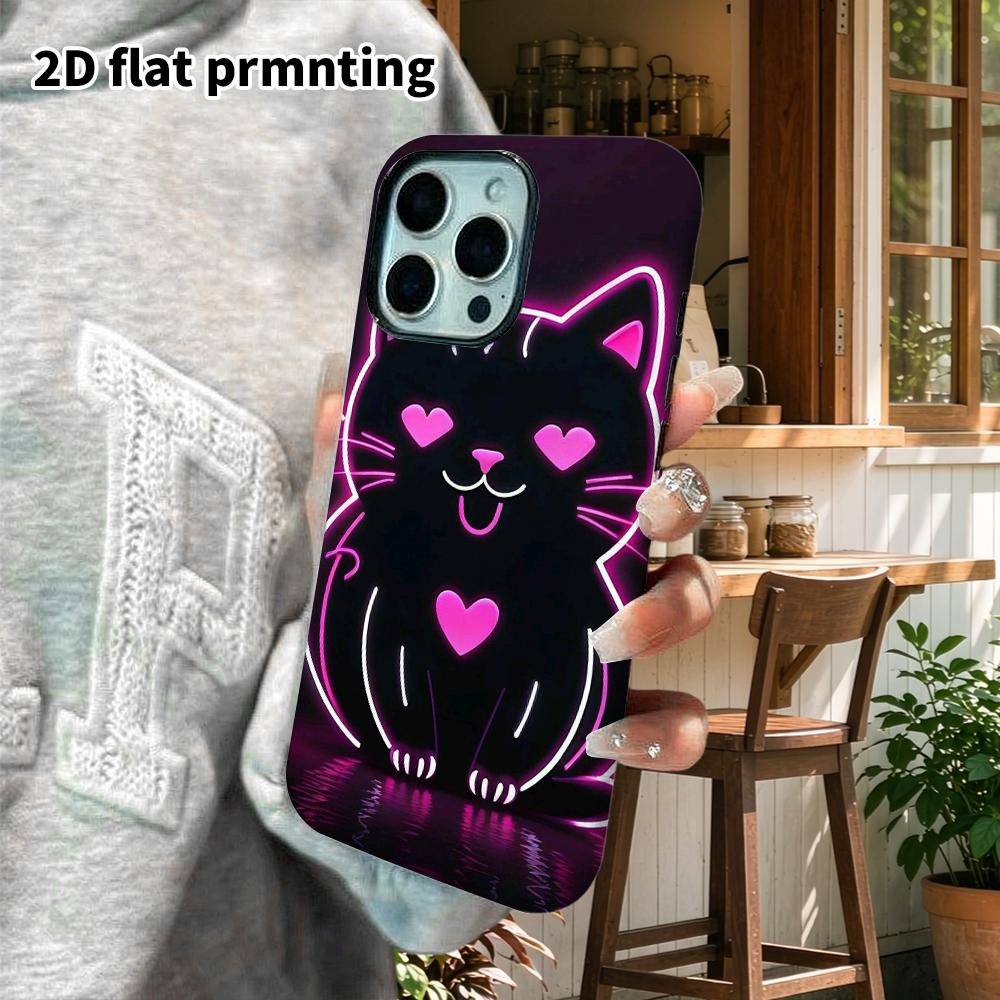 Phone Case: 2D Flat Design Suitable for iPhone 18 17 16 15 14 13 Pro Film Protective Case, Couple Style, Little Black Cat with Heart, Christmas and Ha