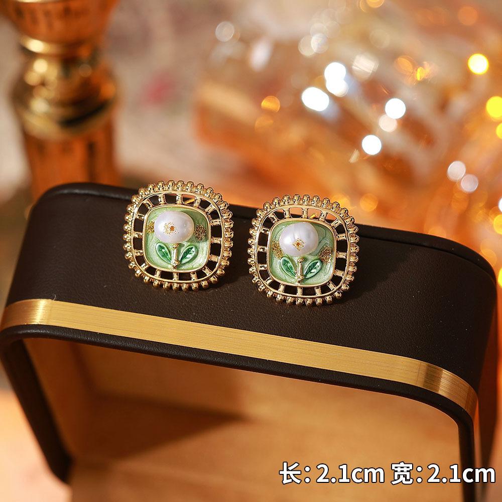 Ainibenni Original Design Enamel Painted Earrings for Women, Monet Garden Oil Painting Style Stud Earrings