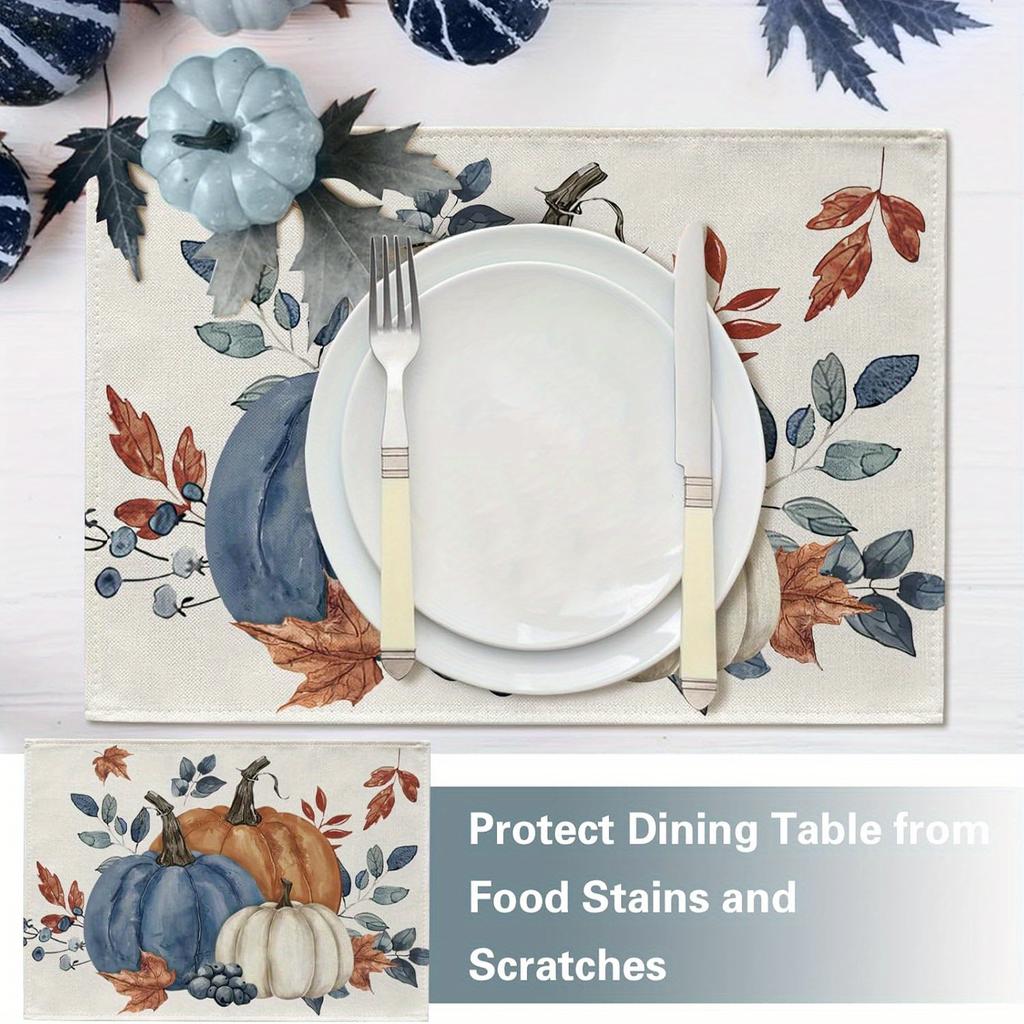 Blue-White Pumpkin Placemats (4pcs) – Watercolor pumpkins & leaves, ideal for fall, Thanksgiving, or Christmas table decor.