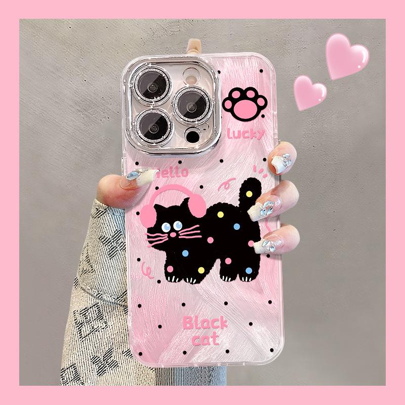 Polka dot black cat bracelet is suitable for Apple 16 feather yarn mobile phone case with bracket 15promax cute 14 lens film 17.