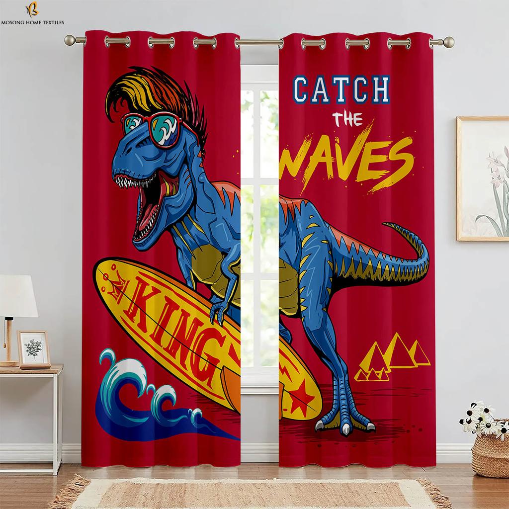 Set Of 2 Black White Dinosaur Cartoon Print Curtains Polyester Bedroom Living Room Kitchen Kids Decorative Curtain For Made