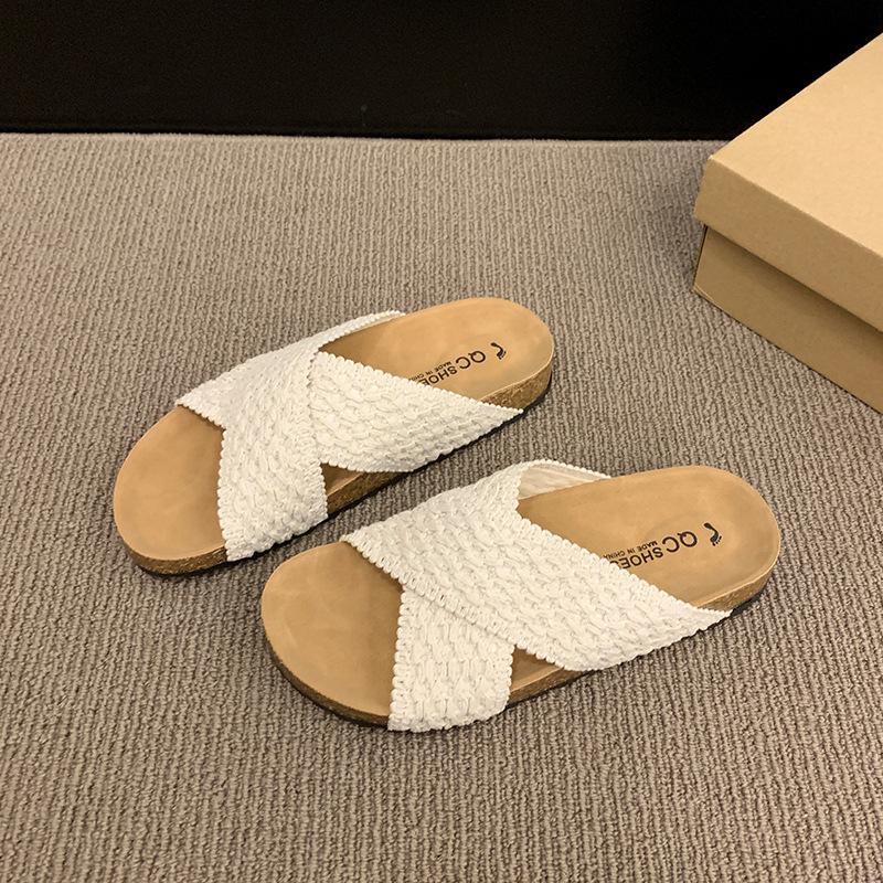 

Вязаные шлепанцы с перекрестными ремешками, женская летняя обувь 2025, новые ретро-шлепанцы на толстой подошве для пляжного отдыха, крутые шлепанцы 38