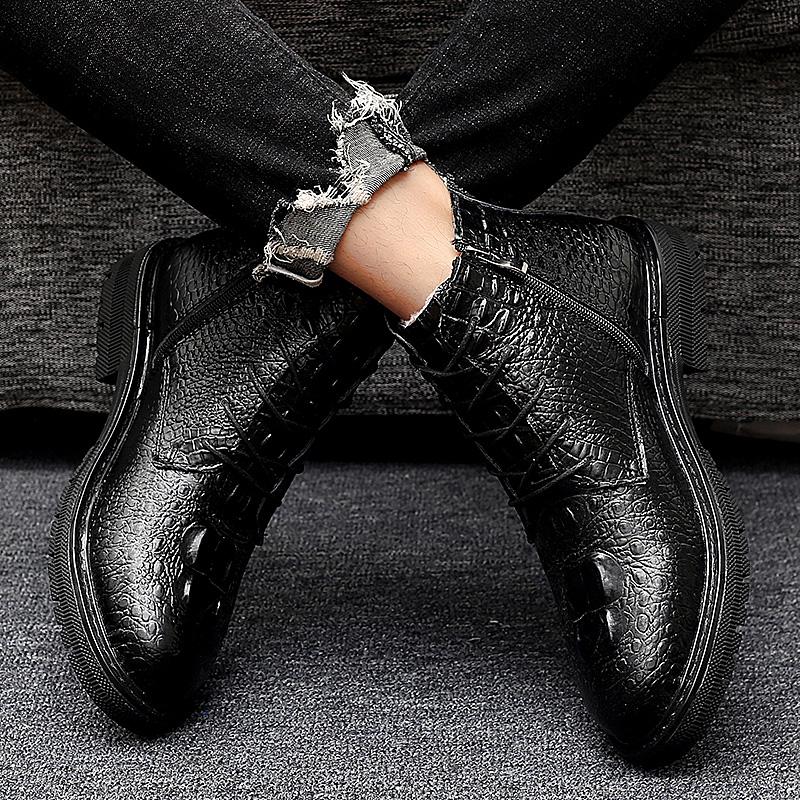 Mens Boots High Quality Men Casual Shoes Winter Lace-Up Side Zipper Ankle Boots Plush Warm Outdoor Snow Shoes Crocodile Pattern