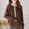 Corner buckle autumn and winter knitted cardigan retro commuter long-sleeved top loose and simple crew neck twist sweater jacket women