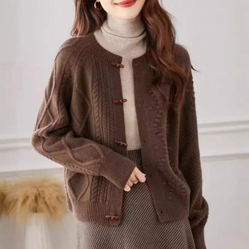 Corner buckle autumn and winter knitted cardigan retro commuter long-sleeved top loose and simple crew neck twist sweater jacket women
