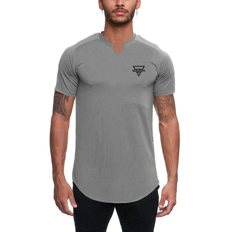 Muscleguys Fashion V-neck Casual Printed Short Sleeve T-shirt  Fitness Training Muscle Slimming Tops