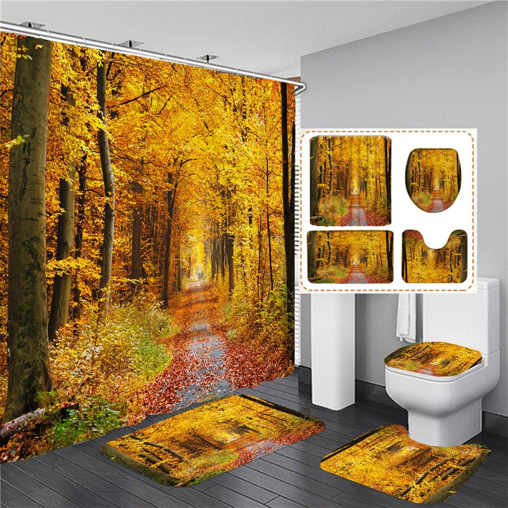 3D Natural Forest Landscape Printed Waterproof Fabric Bathroom Curtain Shower Curtains Set Anti-Skid Rugs Toilet Cover Bath Mat