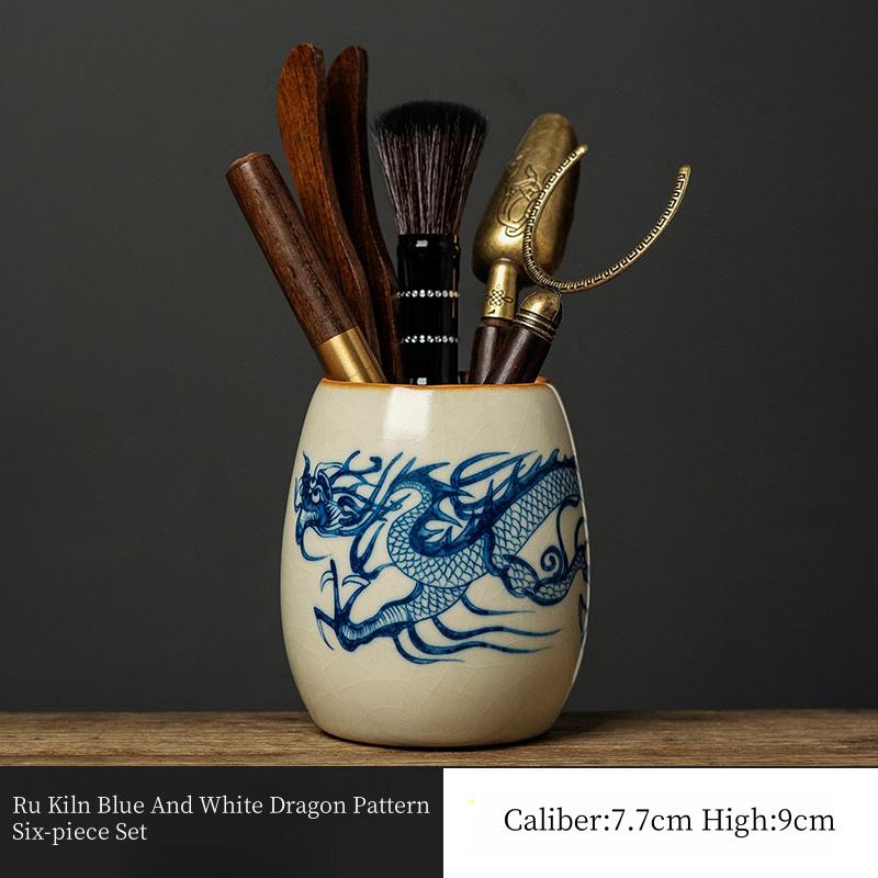 

Blue And White Dragon Pattern Tea Set RuYao Kungfu Tea Set Accessories Storage Tea Canister Utensils Pen Case Pot Six Pieces Set