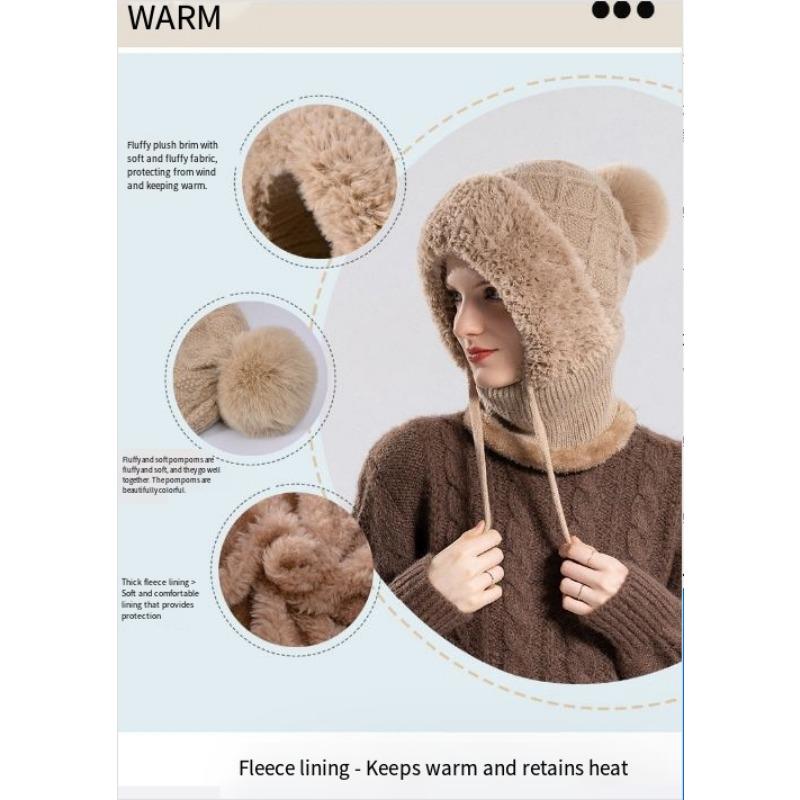 1PC Winter Women's Hat Mask Scarf Integrated Pullover Hat Fleece Warm Ear Protector Knitted Woolen Hat