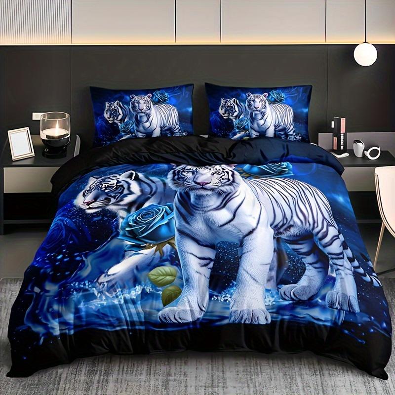 Soft durable Quality Duvet Cover Set Tiger plus Blue Rose Print 10% Polyester Breathable Fabric Al-Season Beding featuring 2 Pilowcases Home Dorm