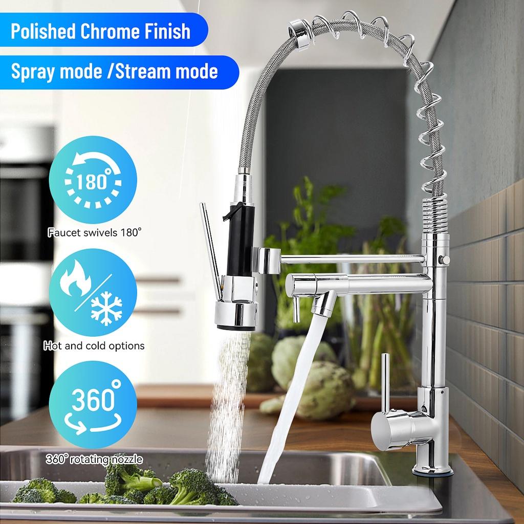 Silver Chrome Polished Deck Mounted Flexible Kitchen Faucets Silver Spring Style Spray Mixers Tap Hot And Cold Kitchen Faucet Pull Out Mixer Tap