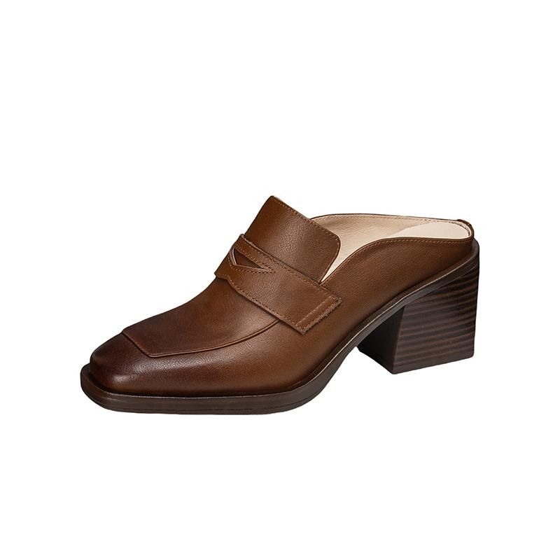 Fashion 2025 Spring Genuine Leather Shoes Women Slippers High Heels High Square Toe Mules Ladies Office Dress Shoes Slides Women Pumps