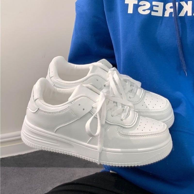 Platform white shoes spring and summer new student lace-up sports shoes round head pure white board shoes