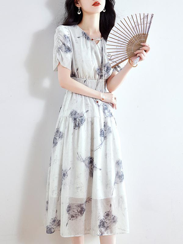 Elegant French-Style Summer Chiffon Dress with Waist-Cinching Collar for Women