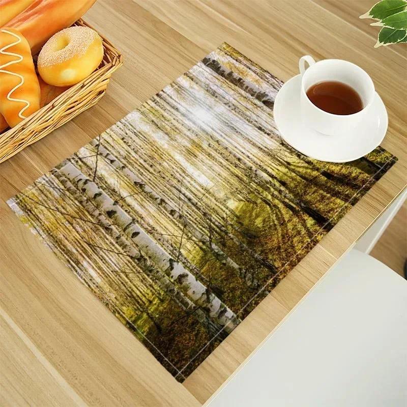 

6PC Natural Forest Print Linen Dining Table Mats Alphabet Kitchen Placemat 30X45cm Coasters Pads Bowl Cup Mat 6PC 30x45CM
