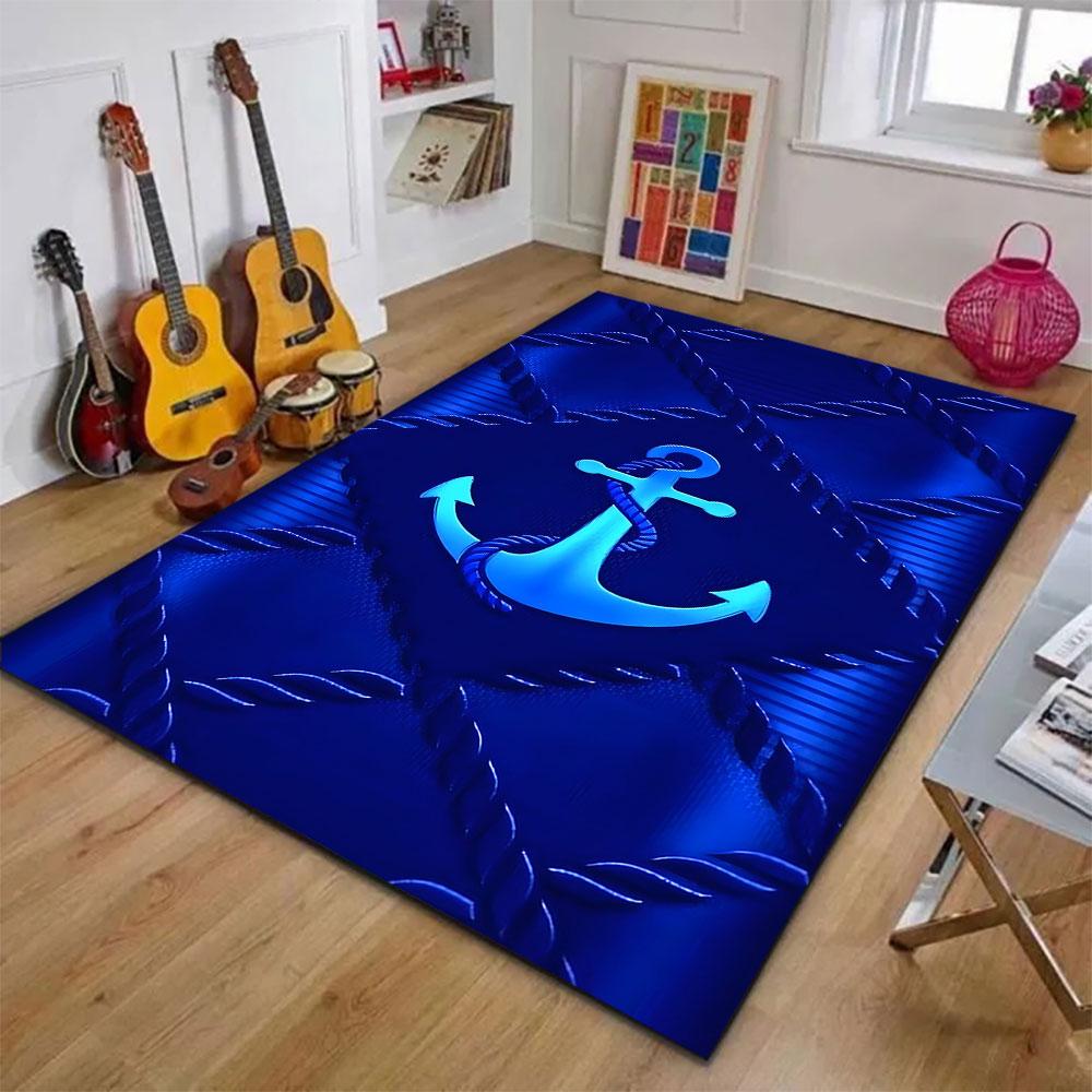 Nautical Anchor Design with Rope Motif Patterned Carpet, Suitable As a Non Slip Play Mat for the Living Room and Bedroom Sofa
