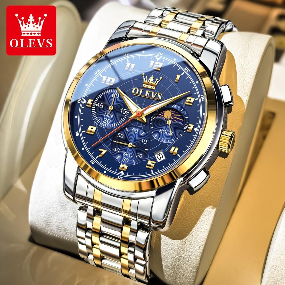OLEVS Mens Watch Sports Multifunctional Moon Phase Quartz Wristwatch Steel Strap Waterproof Luminous Watches For Man Gift 2983